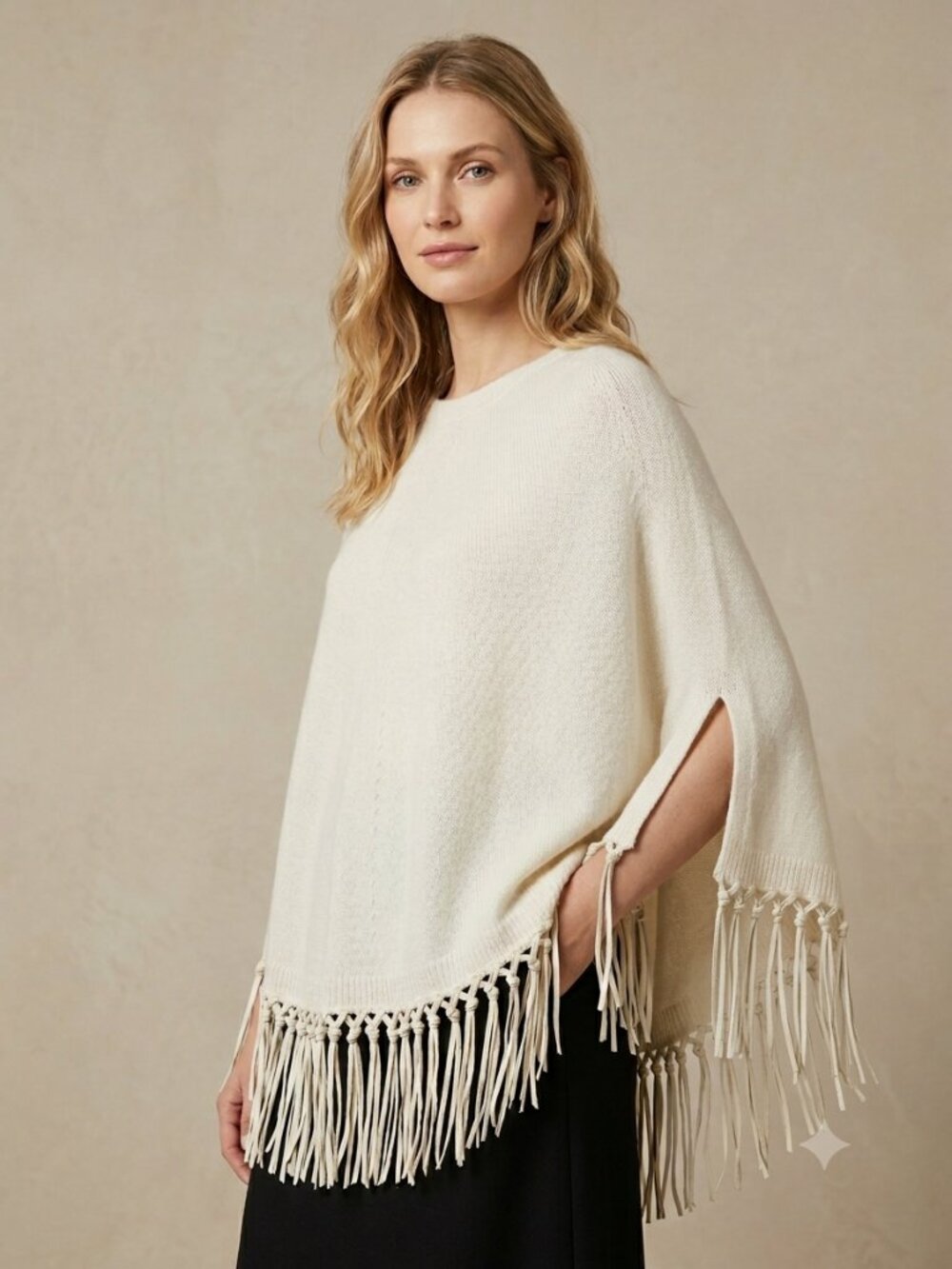 NWT PINOTTI Made in Italy Wool-Cashmere Poncho with Real Leather Fringe